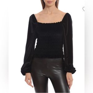 Bagatelle - Shirred Velvet Top - Black - XL Long Sleeve Smocked Blouse